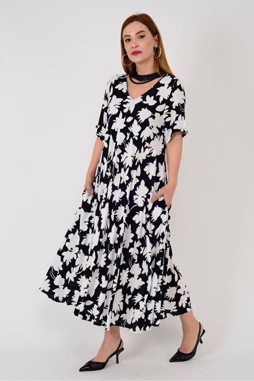 Yaprak Desenli V Yaka Volanlı Elbise