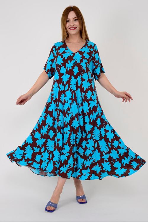 Yaprak Desenli V Yaka Volanlı Elbise