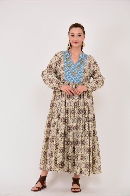 MARIN GARNİ DETAYLI BONCUK İŞLEMELİ V YAKA ELBİSE