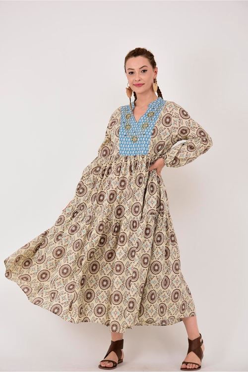 MARIN GARNİ DETAYLI BONCUK İŞLEMELİ V YAKA ELBİSE