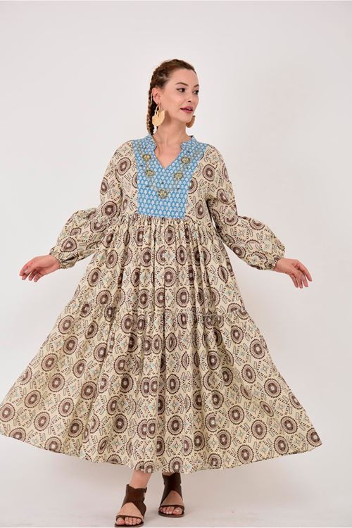 MARIN GARNİ DETAYLI BONCUK İŞLEMELİ V YAKA ELBİSE