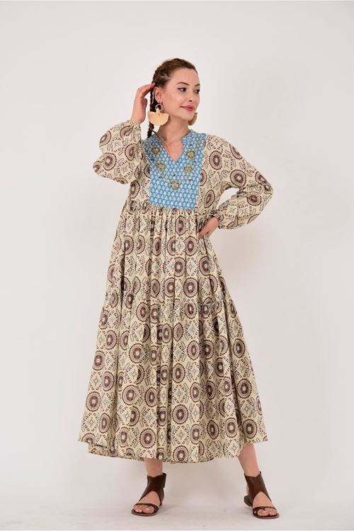 MARIN GARNİ DETAYLI BONCUK İŞLEMELİ V YAKA ELBİSE