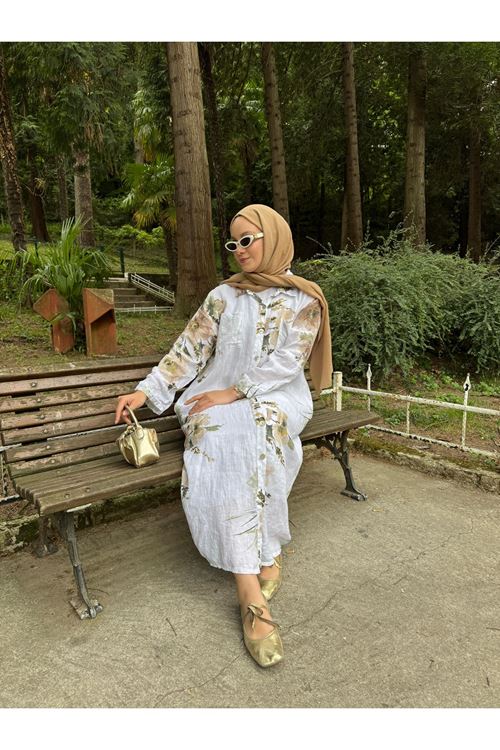 BEYAZ ÇİÇEK DESENLİ KETEN GÖMLEK ELBİSE