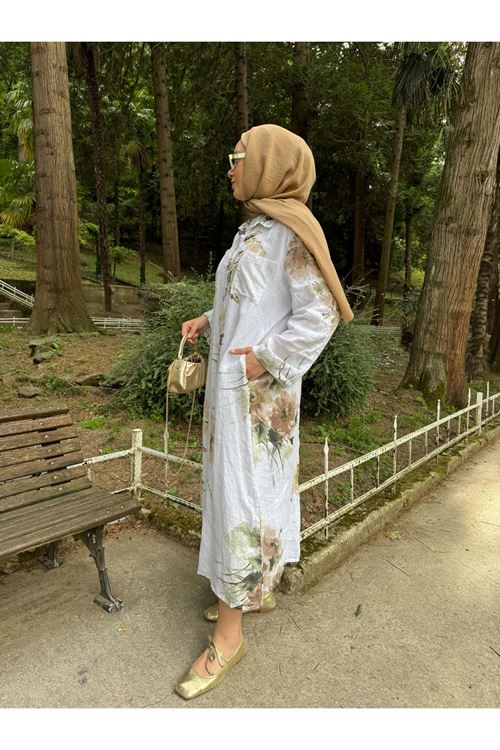 BEYAZ ÇİÇEK DESENLİ KETEN GÖMLEK ELBİSE