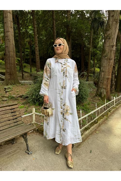 BEYAZ ÇİÇEK DESENLİ KETEN GÖMLEK ELBİSE