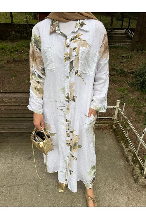 BEYAZ ÇİÇEK DESENLİ KETEN GÖMLEK ELBİSE