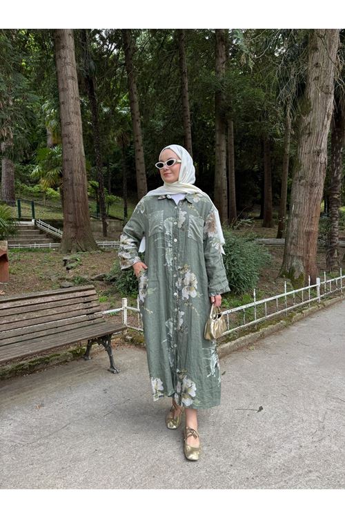 HAKİ ÇİÇEK DESENLİ KETEN GÖMLEK ELBİSE