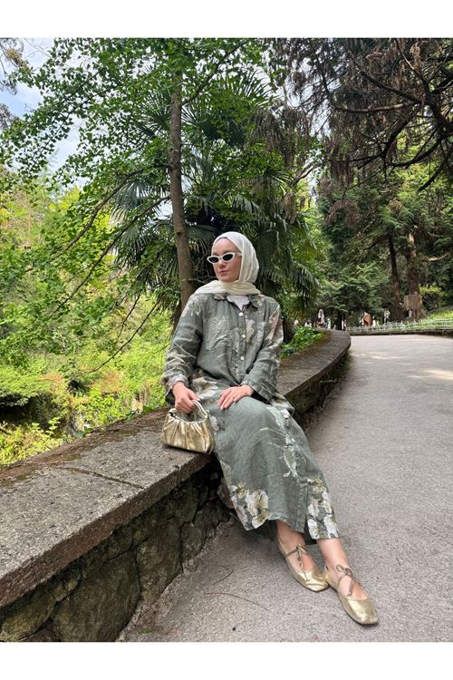 HAKİ ÇİÇEK DESENLİ KETEN GÖMLEK ELBİSE