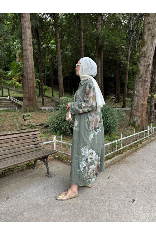 HAKİ ÇİÇEK DESENLİ KETEN GÖMLEK ELBİSE