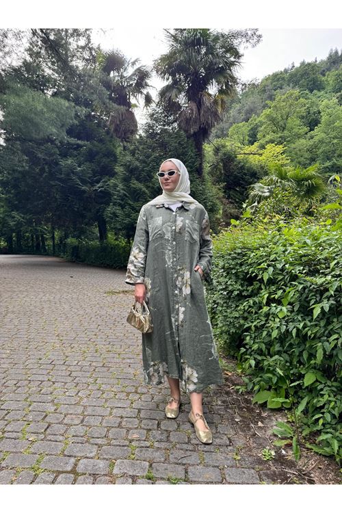 HAKİ ÇİÇEK DESENLİ KETEN GÖMLEK ELBİSE