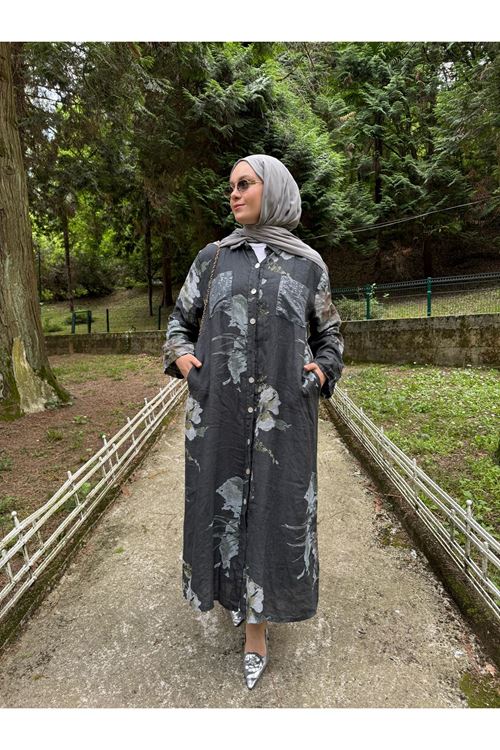 ANTRASİT ÇİÇEK DESENLİ KETEN GÖMLEK ELBİSE