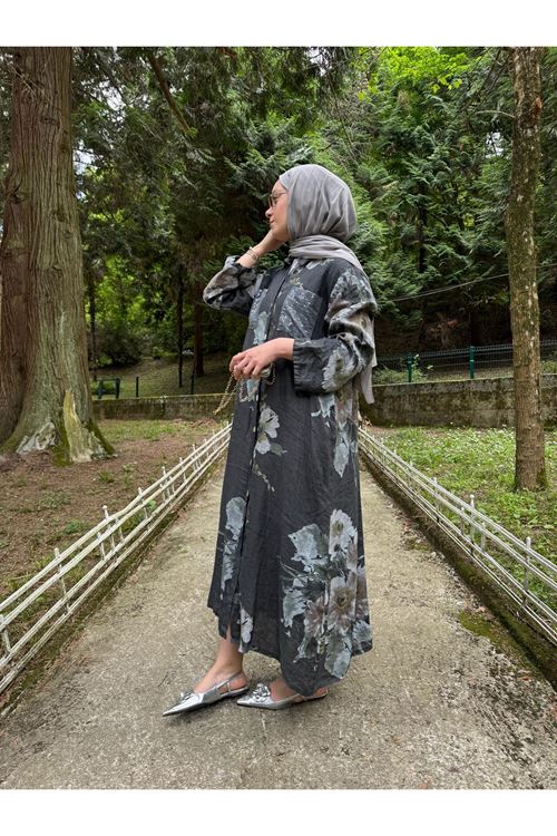 ANTRASİT ÇİÇEK DESENLİ KETEN GÖMLEK ELBİSE