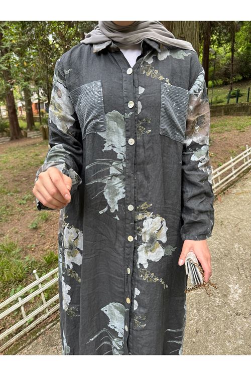 ANTRASİT ÇİÇEK DESENLİ KETEN GÖMLEK ELBİSE