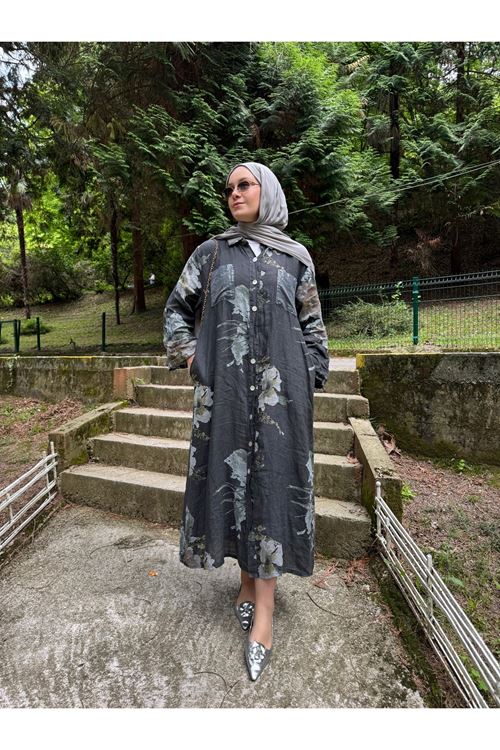ANTRASİT ÇİÇEK DESENLİ KETEN GÖMLEK ELBİSE