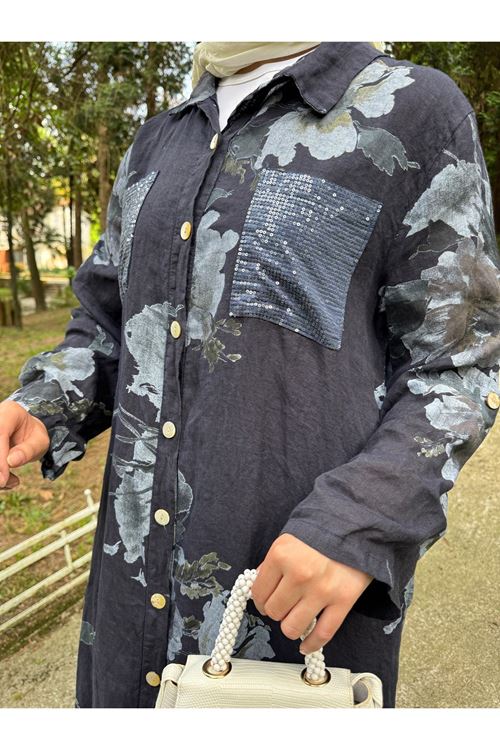 LACİVERT ÇİÇEK DESENLİ KETEN GÖMLEK ELBİSE