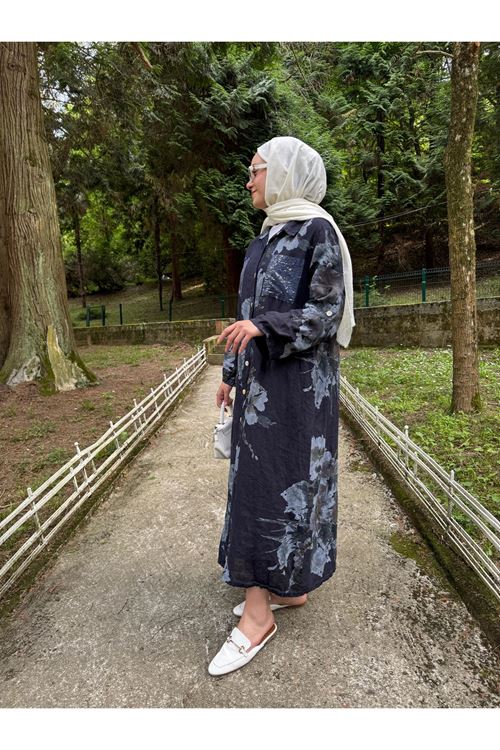 LACİVERT ÇİÇEK DESENLİ KETEN GÖMLEK ELBİSE