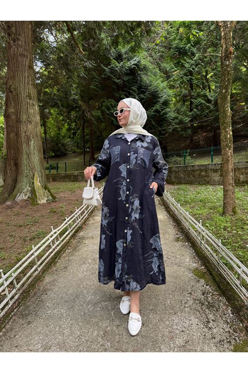 LACİVERT ÇİÇEK DESENLİ KETEN GÖMLEK ELBİSE