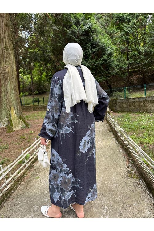 LACİVERT ÇİÇEK DESENLİ KETEN GÖMLEK ELBİSE